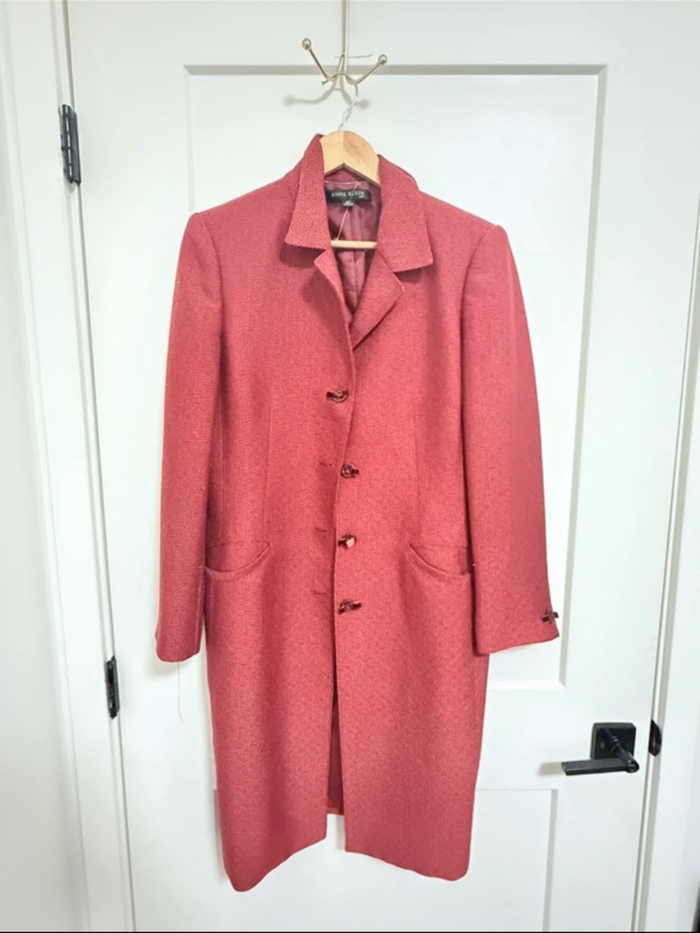 Anne Klein Coral-Red Single-Breasted Long Pea Coat